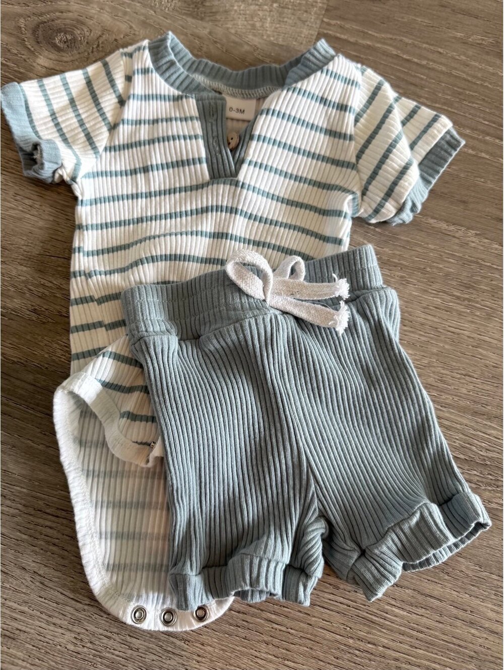 0-3 months, cream and blue stripped short sleeve shirt and blue shorts baby set